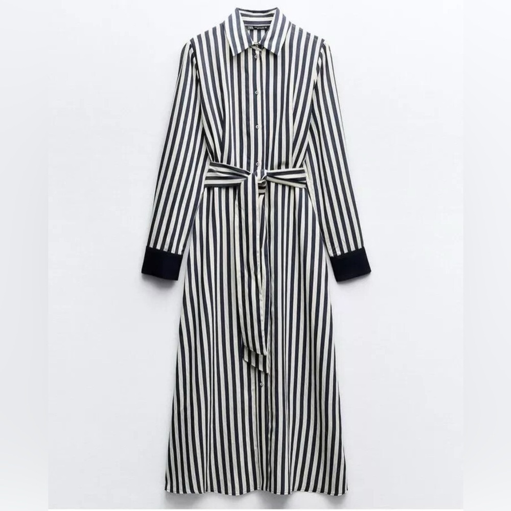 Zara Black and White Striped Long Sleeve Dress